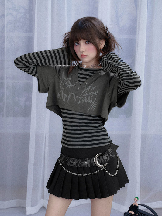 SagiDolls Girls’ Fierce-Style Fluffy Cat Pattern Versatile Dark Gray Striped Two-Piece Set with Hooded T-Shirt Top