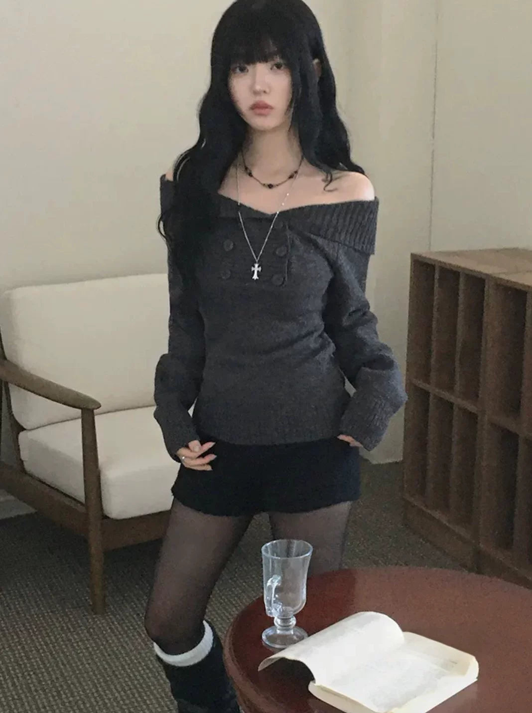 Women’s Ribbed Turtleneck Sweater | Korean-Inspired One Shoulder Knit Top with Double Button Detail