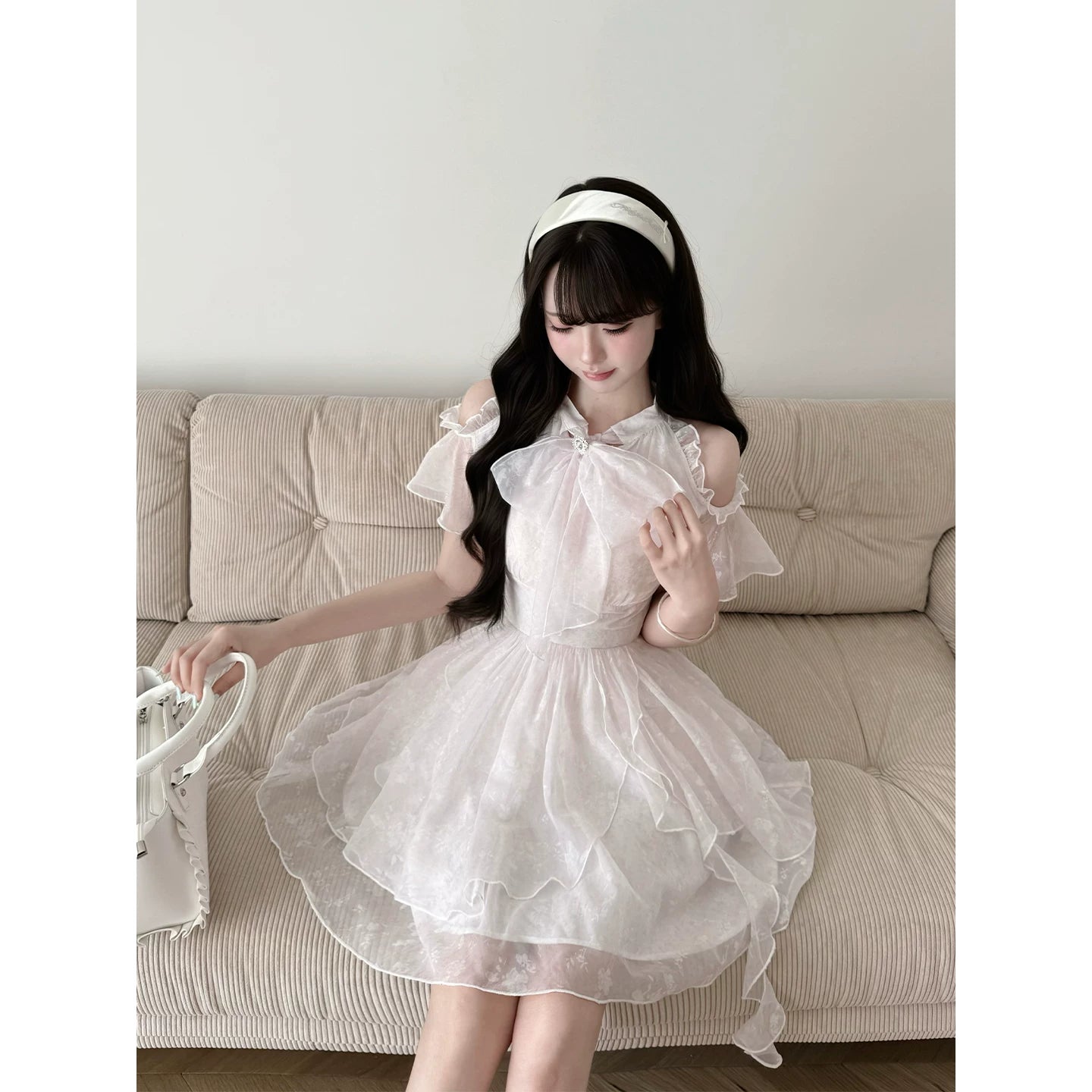 Lala Sauce “Cloud Veil” Sheer Chiffon—Clear & Classic “Gentle-Lady” Vibe Light Pink Floral Off-Shoulder Asymmetrical Mini Dress