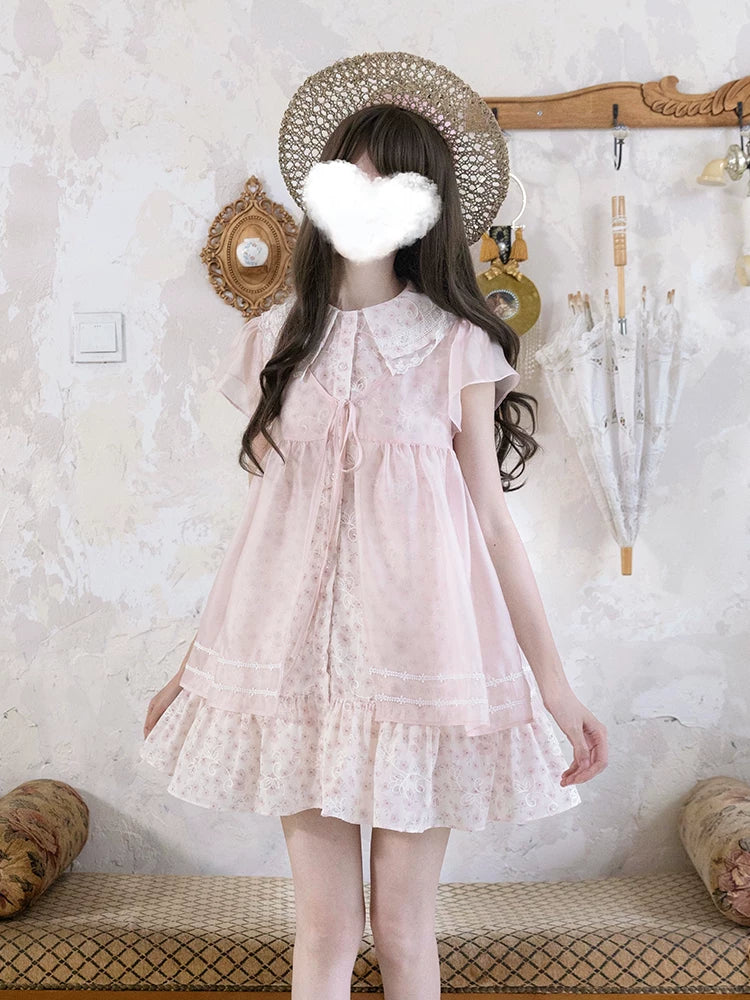 LaLa Sauce — Flower Never Asleep, Original Sweet Doll-Collar Loose Two-Piece Look Pink Floral Dress for Summer