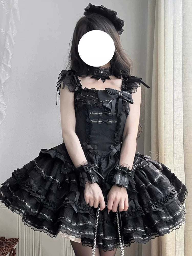 【Gilded Whispers】Lolita Elegant Dress JSK Day Dress in Black & Gold, Gilt Cake-Style One-Piece