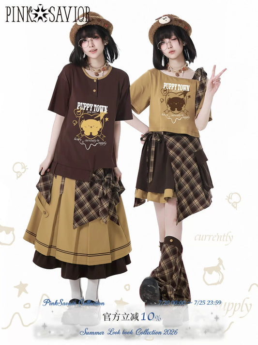 Pinksavior [Butter Cocoa] Coffee-Brown Toned, Energetic & Cute Puppy Summer Plaid Patchwork Layering Set