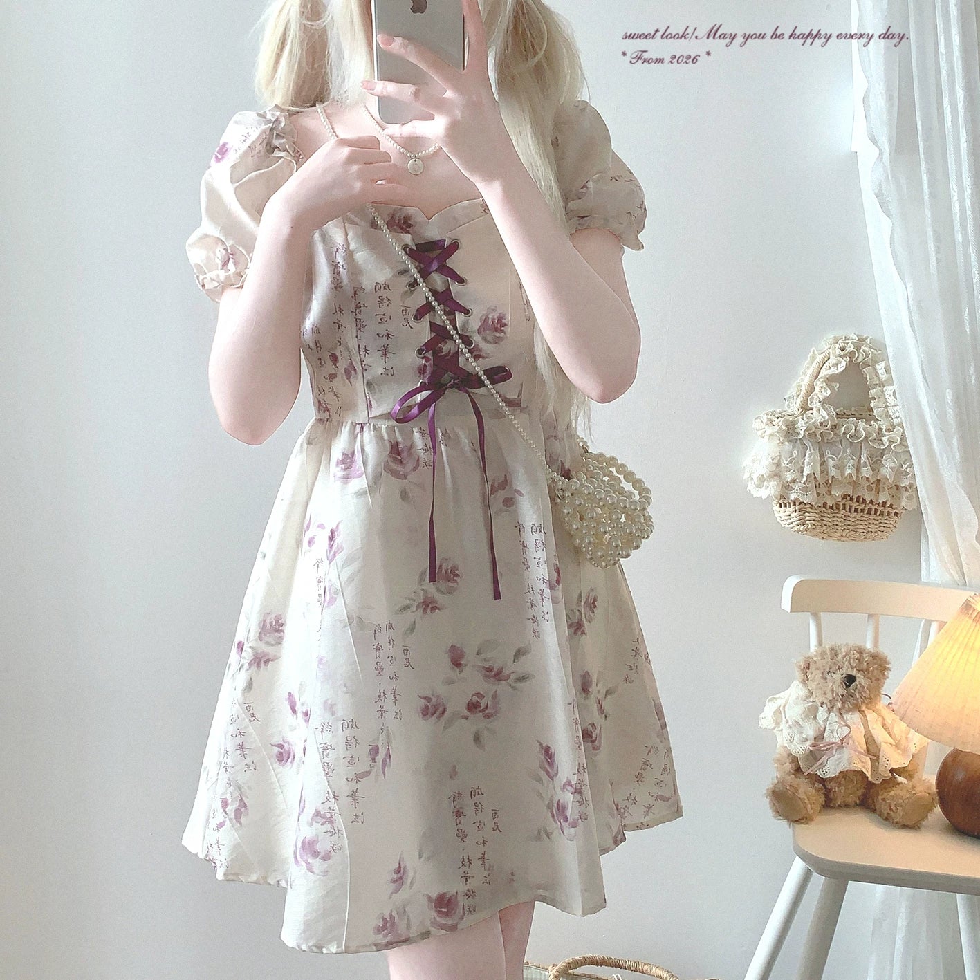 Last-Season Deal Rose-Purple New Chinese-Style Retro Watercolor Ink Floral Print Tie-Back Puff Sleeve Dress *f