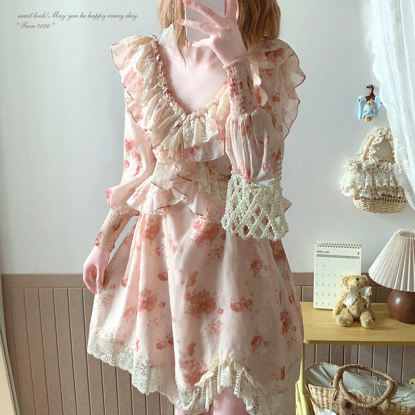 Final Stock yxt* French Vintage Lace Trim Sweet Floral Jacquard Midi Dress