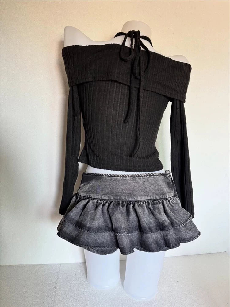 Ban Zhi Tao Original French-Style Black One-Shoulder Off-Shoulder Knit Sweater Elegant Chic Slimming Waist Tie Wrap Knitwear for Women in Autumn