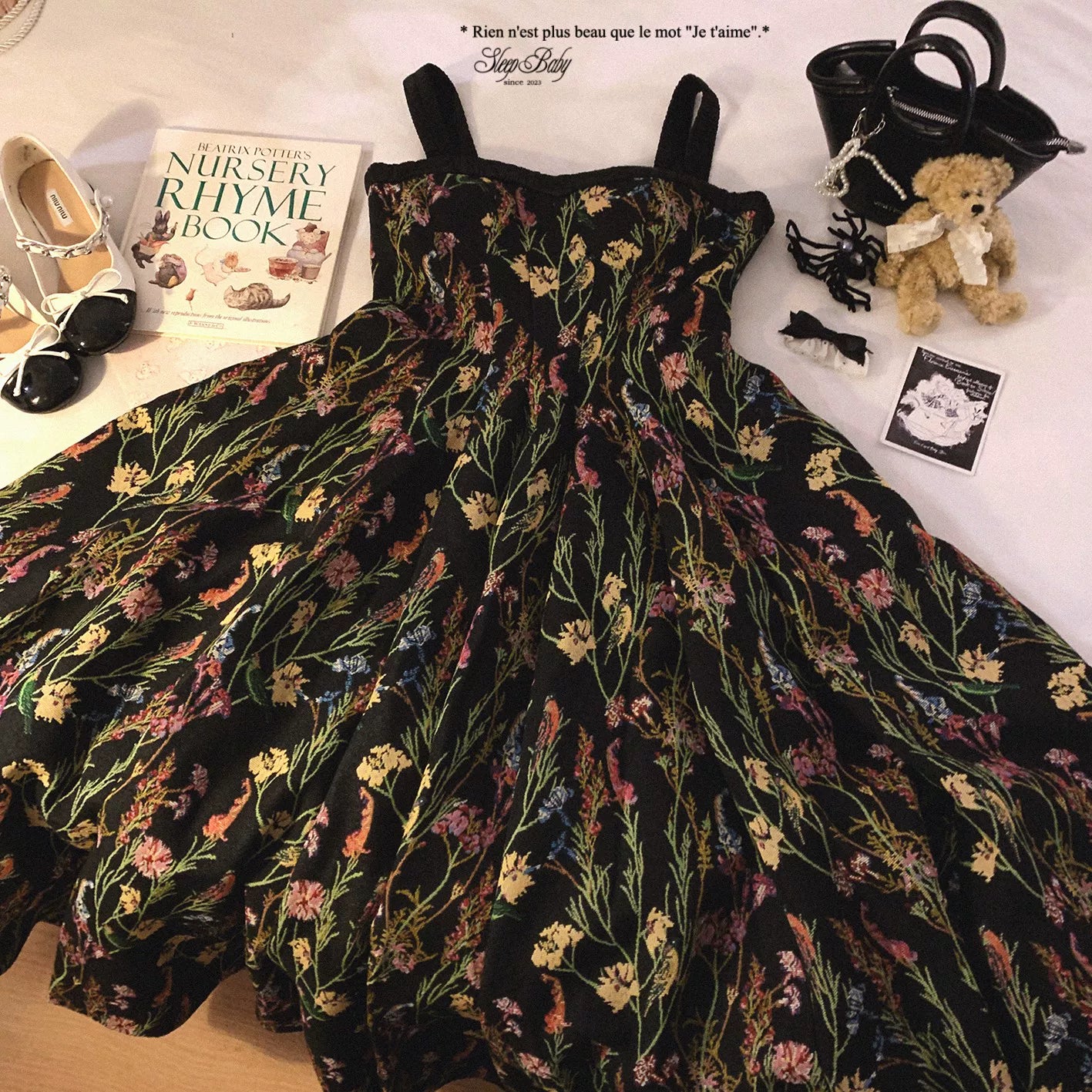 Last-Stock GDRX Vintage Hepburn-Style Oil Painting-Inspired Jacquard Elegant Sheen Satin Shoulder-Strap Slip Dress