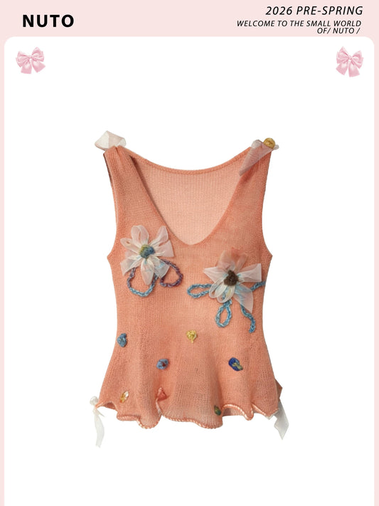 Hand-Sewn Flower Top, Georgette Hem Flowy Silhouette, Adjustable Straps, Chic & Unique Knit Camisole for Women