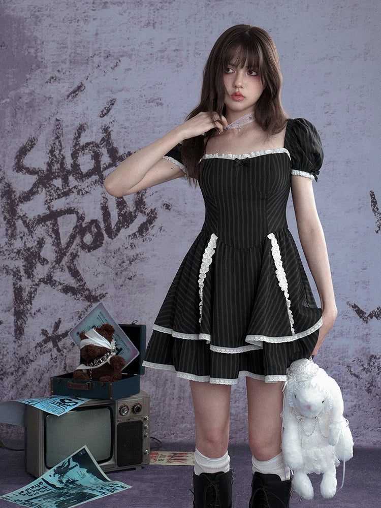 SagiDolls Girls’ Fighting Spirit #Sugar Frost Black Forest# Dark Striped Lace Cake Dress Lolita Sweet