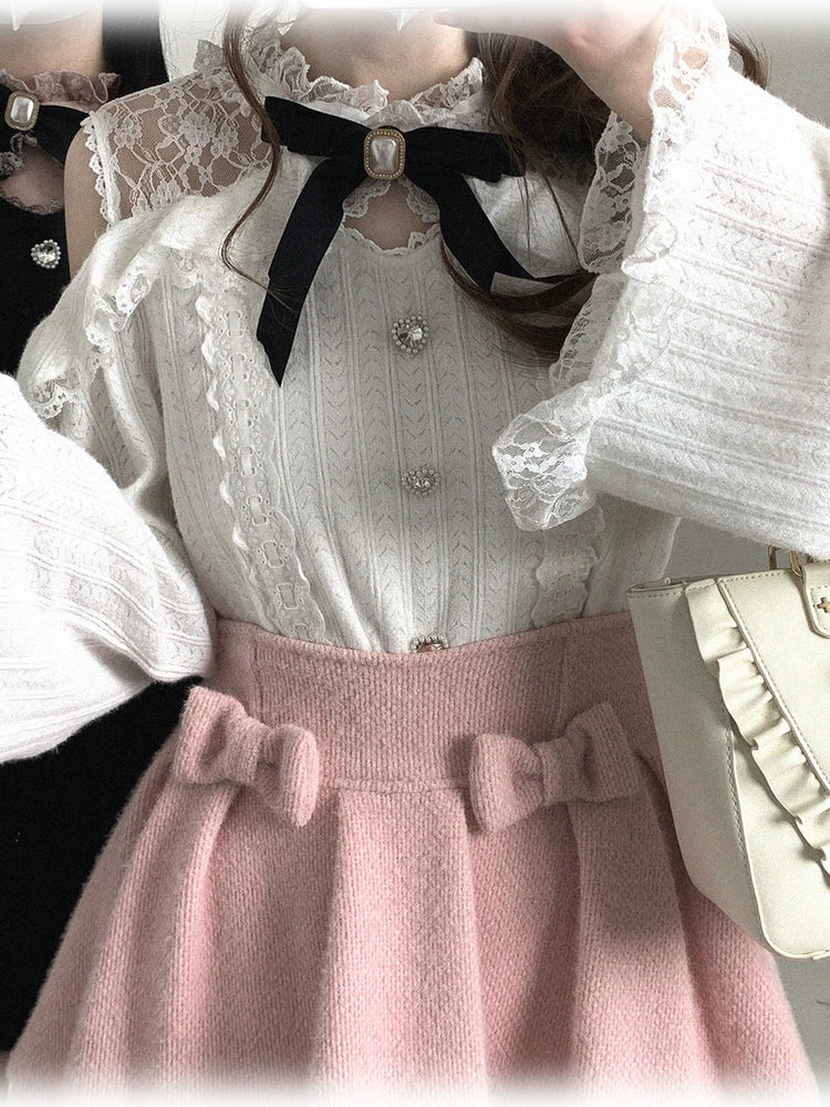 KittyBxllet Original【Love Lace / Autumn-Winter】Lace Sheer “Little Tricks” One-Shoulder Off-Shoulder Top