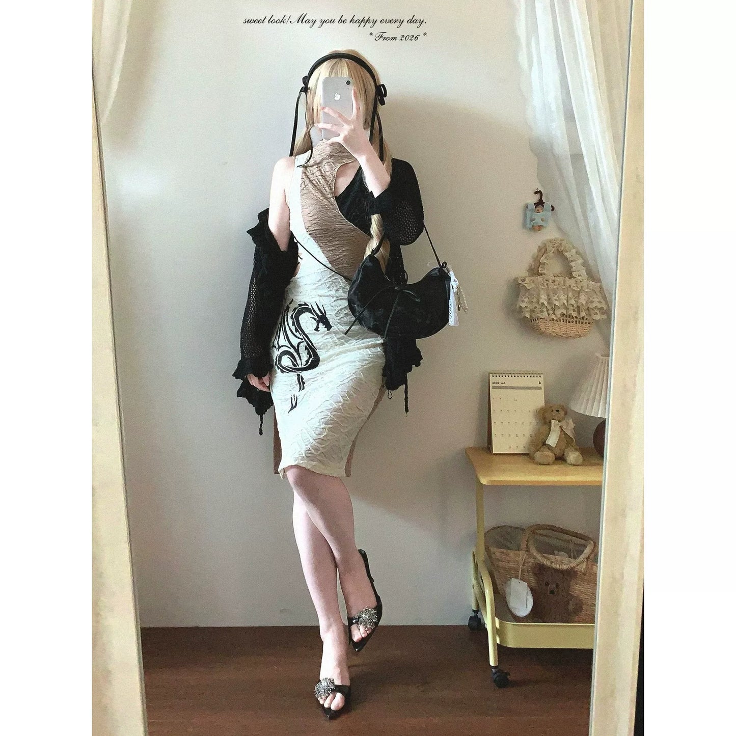 Last-chance XS Sexy “Hot Girl” Stand-Collar Dragon Print Patchwork Texture Tie-Band Midriff-Exposing Sleeveless Cheongsam Dress *f