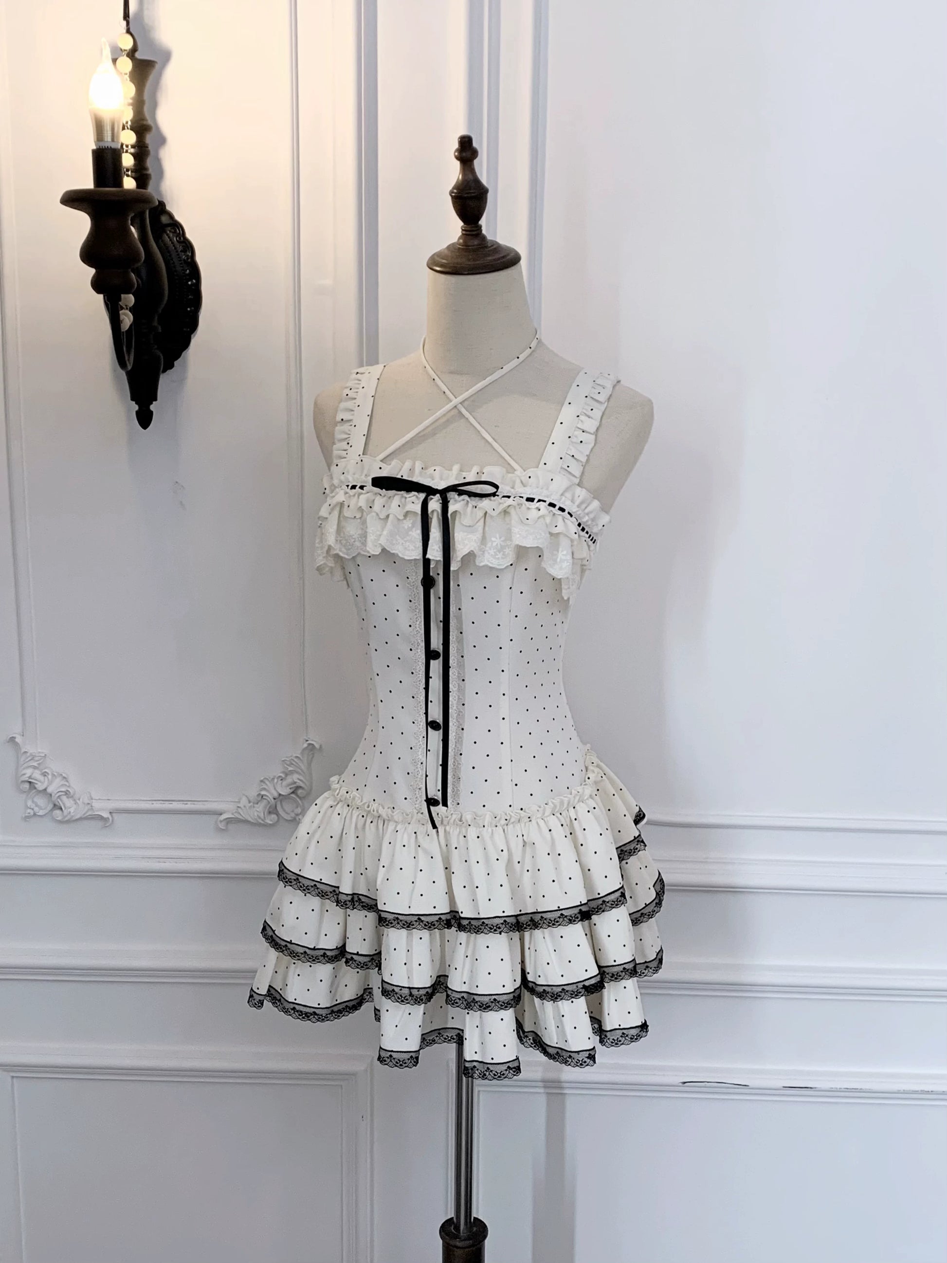Walnut Wood JK “Polka Dot White Tea” Original Korean-Inspired Polka Dot Cute Cake Dress miu-Style Sweet Little Girl Vibe