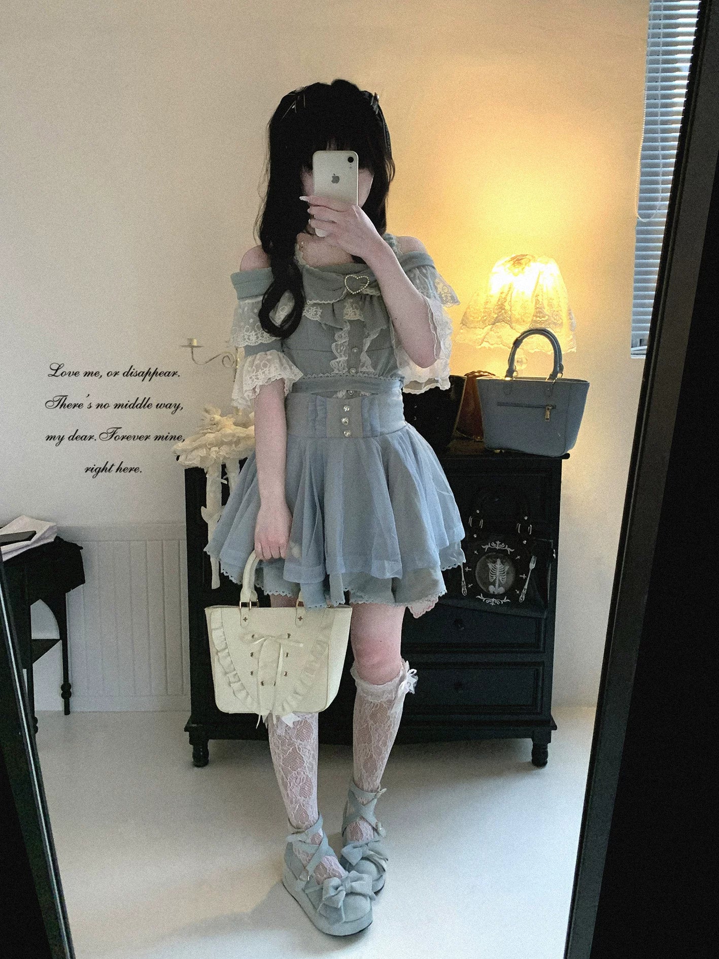 KittyBxllet Original “Minami Shiroyuki” Lace Sheer Cunning One-Shoulder Off-Shoulder Short Sleeve Top
