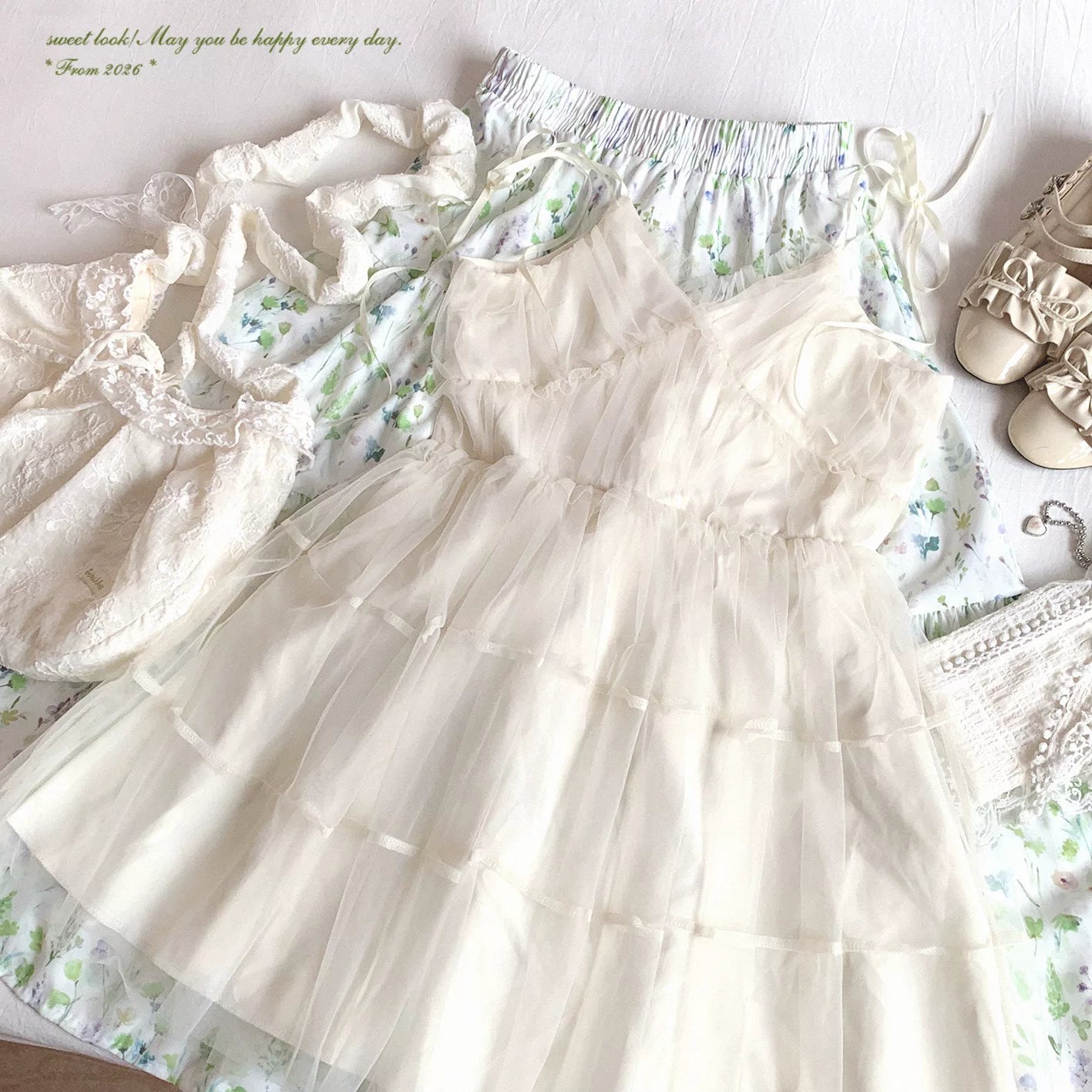 Japanese-Style Design, Lightweight Mesh Panelled Dress with Ribbon Tie Sweet “Pure” Camisole