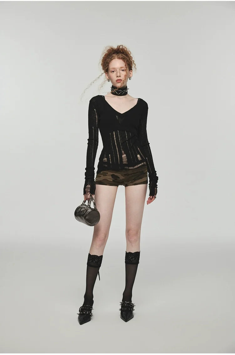 Hollow-Out V-Neck Thin Cardigan With Distressed Waist Knit Top