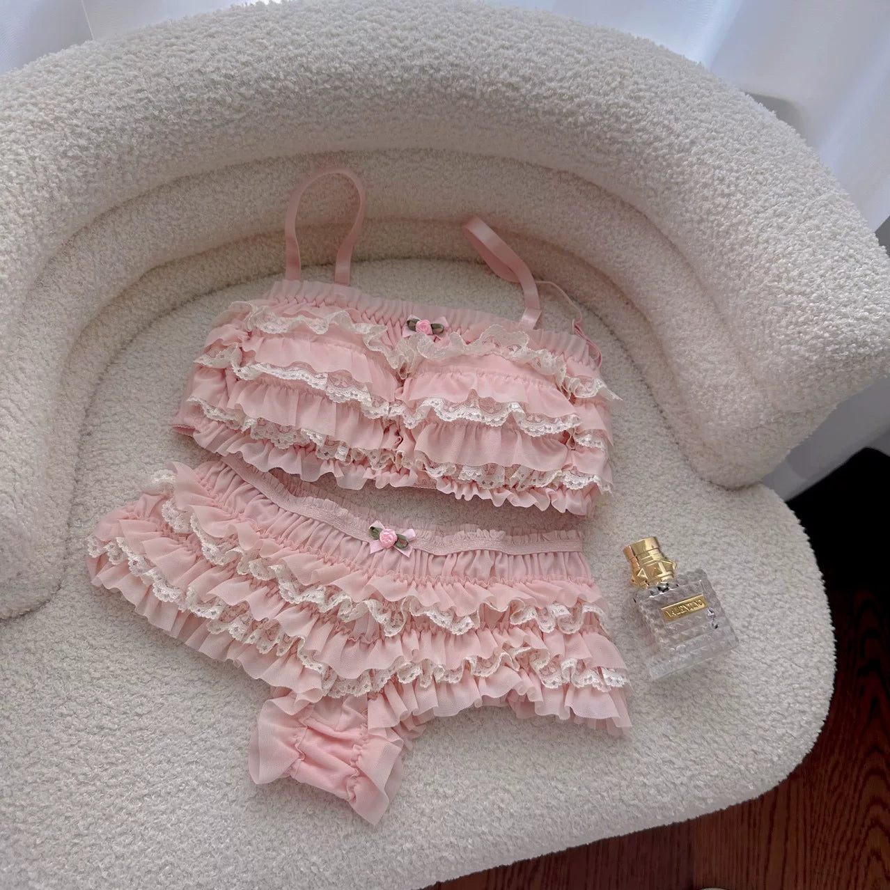2026 New Japanese-Style Cute Soft Mini Cake Bra & Panty Set with Bow, Lightweight Layered Lace Underwear Skirt