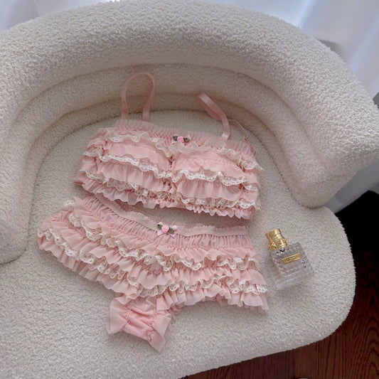 2026 New Japanese-Style Cute Soft Mini Cake Bra & Panty Set with Bow, Lightweight Layered Lace Underwear Skirt