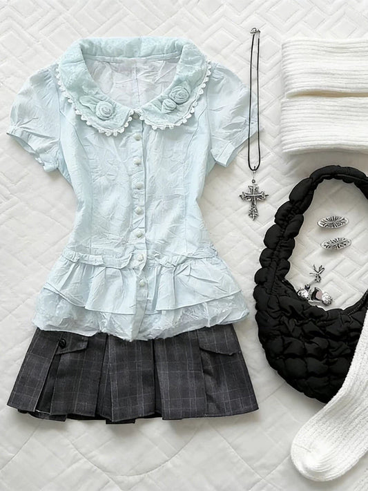 Blue Coquette Peter Pan Collar Blouse | French Vintage Chiffon Top for Women