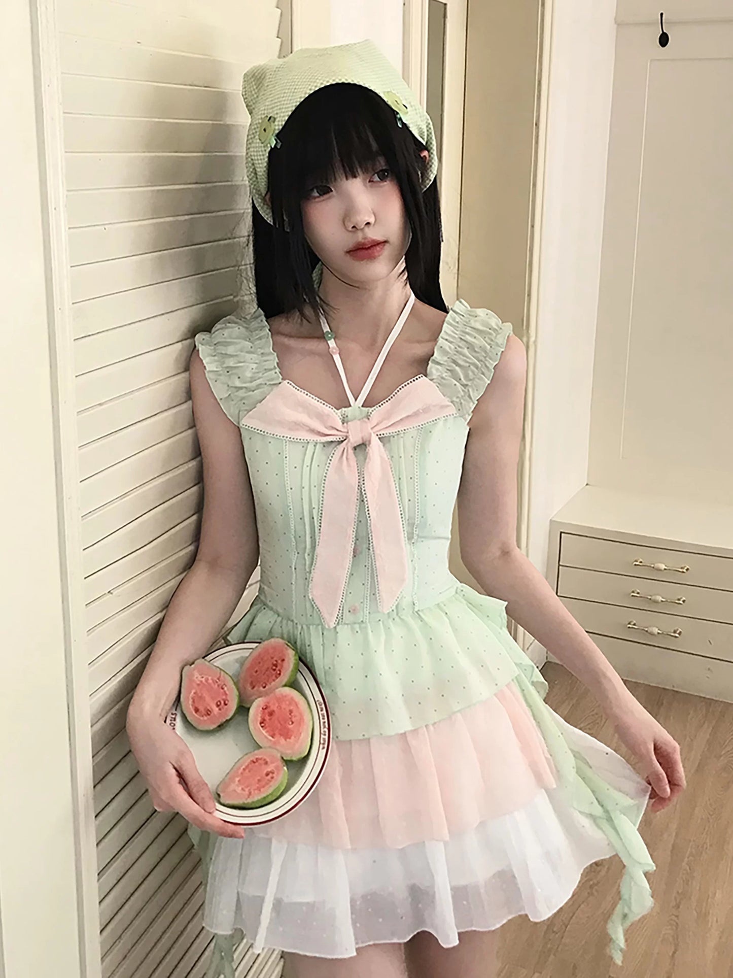 LaLa Sauce Semi-Sweet Guava Gingham Dot Dress with Guava Color—Dopamine Cute Cake Dress for Women