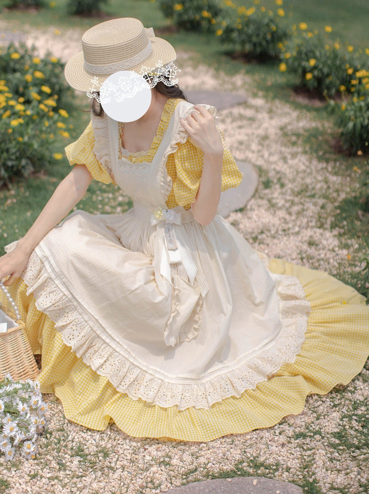 【Pre-order item】Retro Girly Yellow Dress + Apron + Ribbon