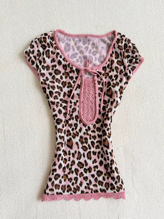 Pink Leopard Print Y2K Sweet-and-Spicy Style Short-Sleeve Top for Summer, Figure-Flattering Slim Fit Trend