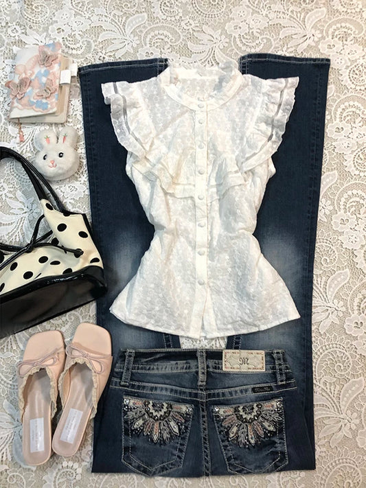 Vintage White Lace Blouse Summer New Design Slimming Fit for a Flattering Silhouette