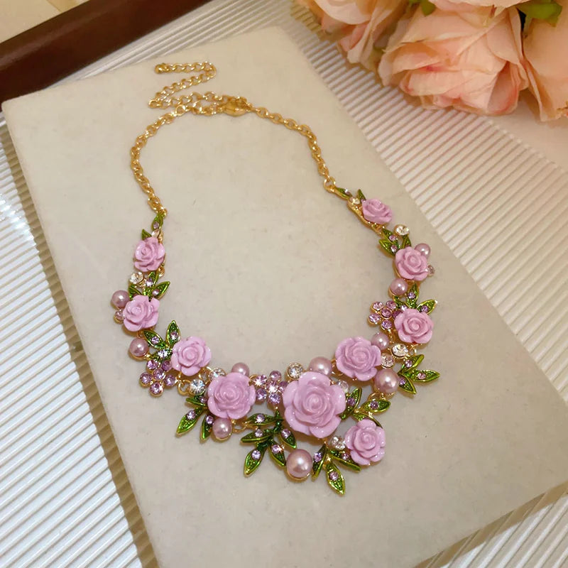 Pearl Collar Necklace with Pink Flowers for Women, Bold Statement Neckwear, 2026 New Fashion Accessory - Purple Flower Pearl Necklace