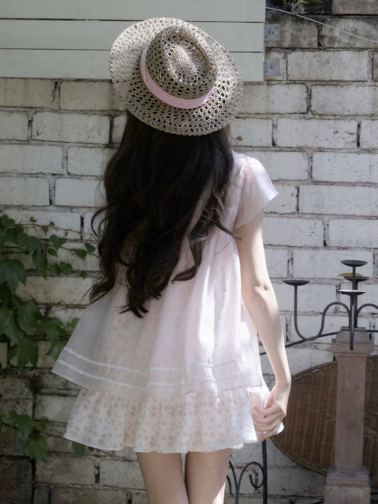 LaLa Sauce — Flower Never Asleep, Original Sweet Doll-Collar Loose Two-Piece Look Pink Floral Dress for Summer