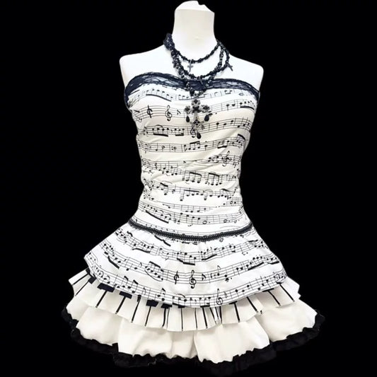 Summer Y2K Vintage-Feeling Note-Embellished Bustier Top Dress Lace T-Shirt for Women Piano Black & White Short Skirt Puff Skirt Two-Piece Set