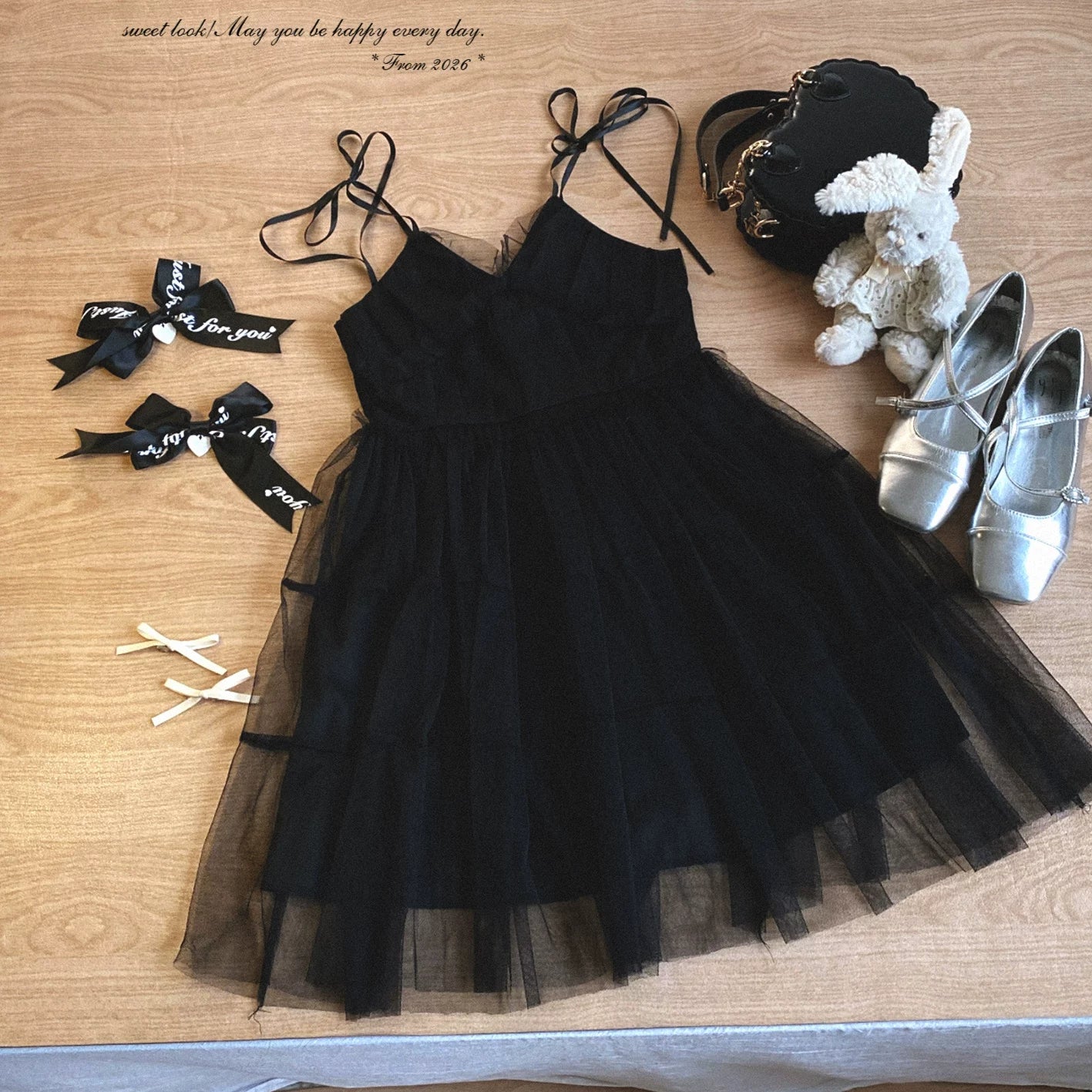 Japanese-Style Design, Lightweight Mesh Panelled Dress with Ribbon Tie Sweet “Pure” Camisole