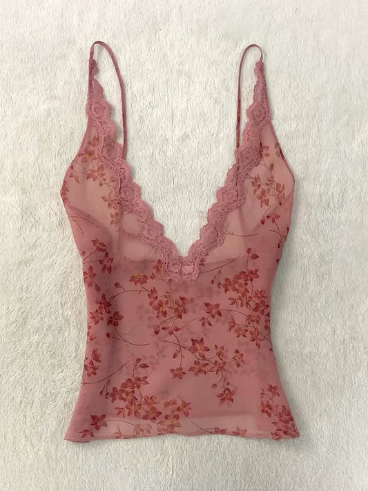Red Lace Cami Chic Floral Cropped Top Stunning Hot Girl Vest