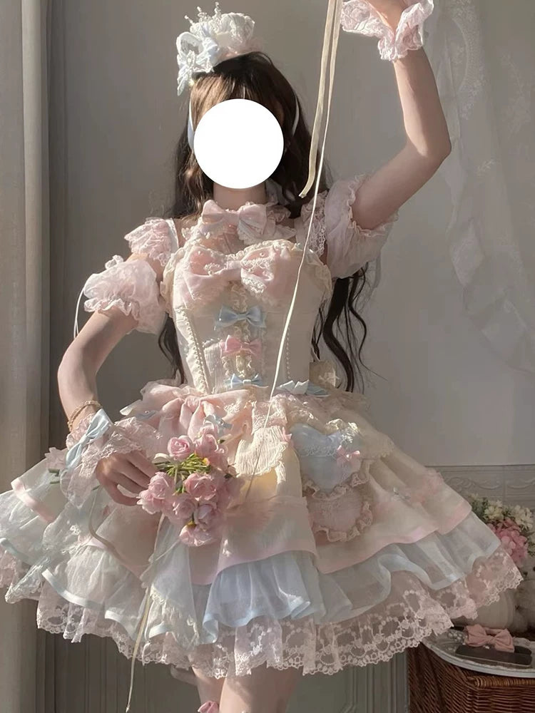 Blue-Pink Cute Ballet-Inspired Little Flower Sweet Lolita Dress With Flowy Princess Cake Skirt Lolita Outfit