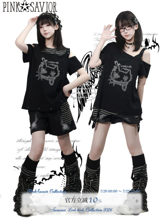PINKSAVIOR【Zero-Degree Street District】Black-Grey Rock Girl Design-Feeling Short-Sleeve & Skirt Set