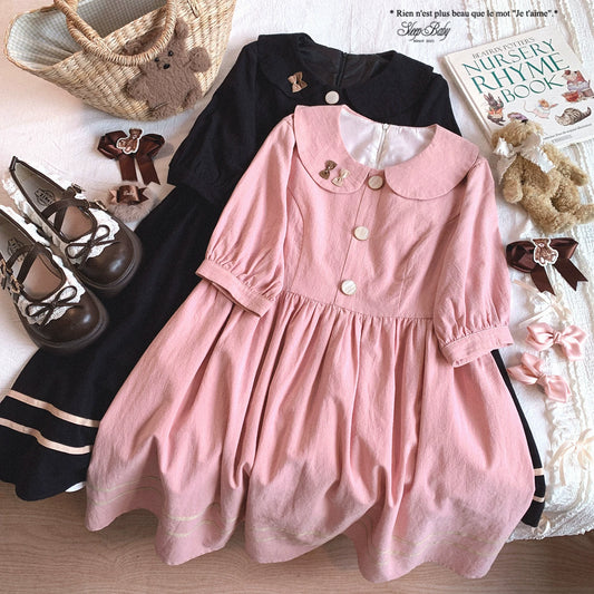 Last-Stock ssbdj Cute Butterfly Bow Collar Round-Button Cotton Cottagecore Short-Sleeve Dress