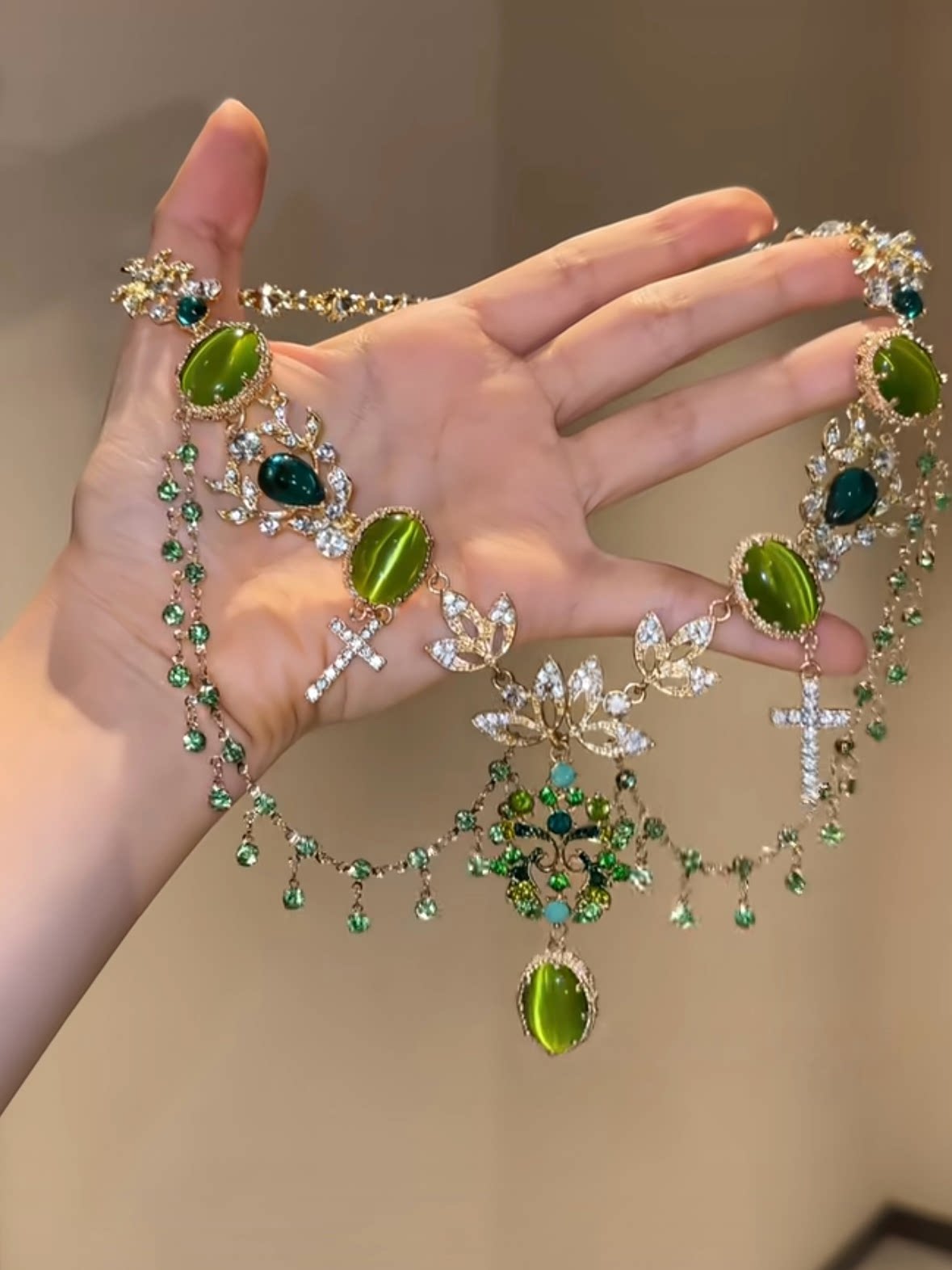Spring/Summer Botanical Green Floral Tassel Necklace, Ornate Statement Choker, Luxe Double-Layer Necklace for Women