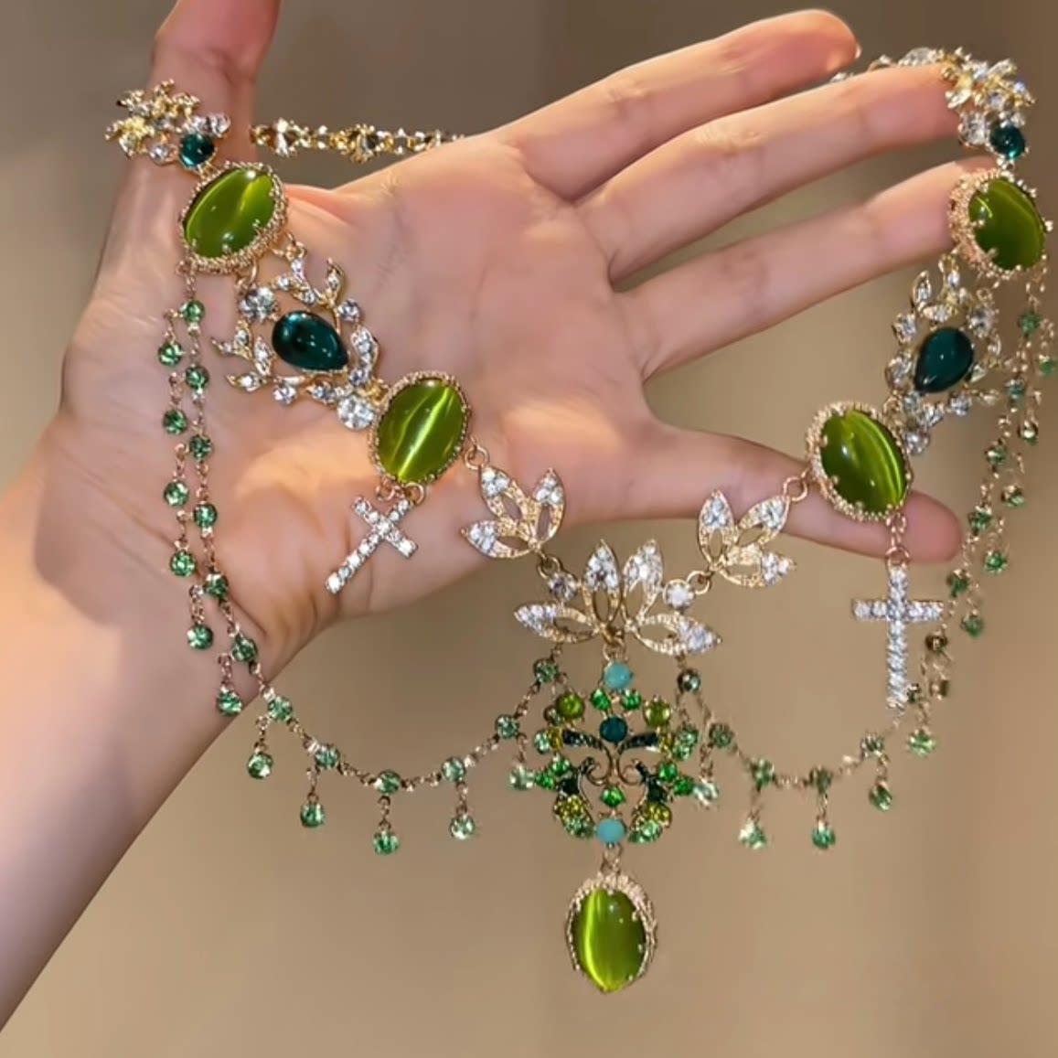 Spring/Summer Botanical Green Floral Tassel Necklace, Ornate Statement Choker, Luxe Double-Layer Necklace for Women - Green Floral Tassel Necklace
