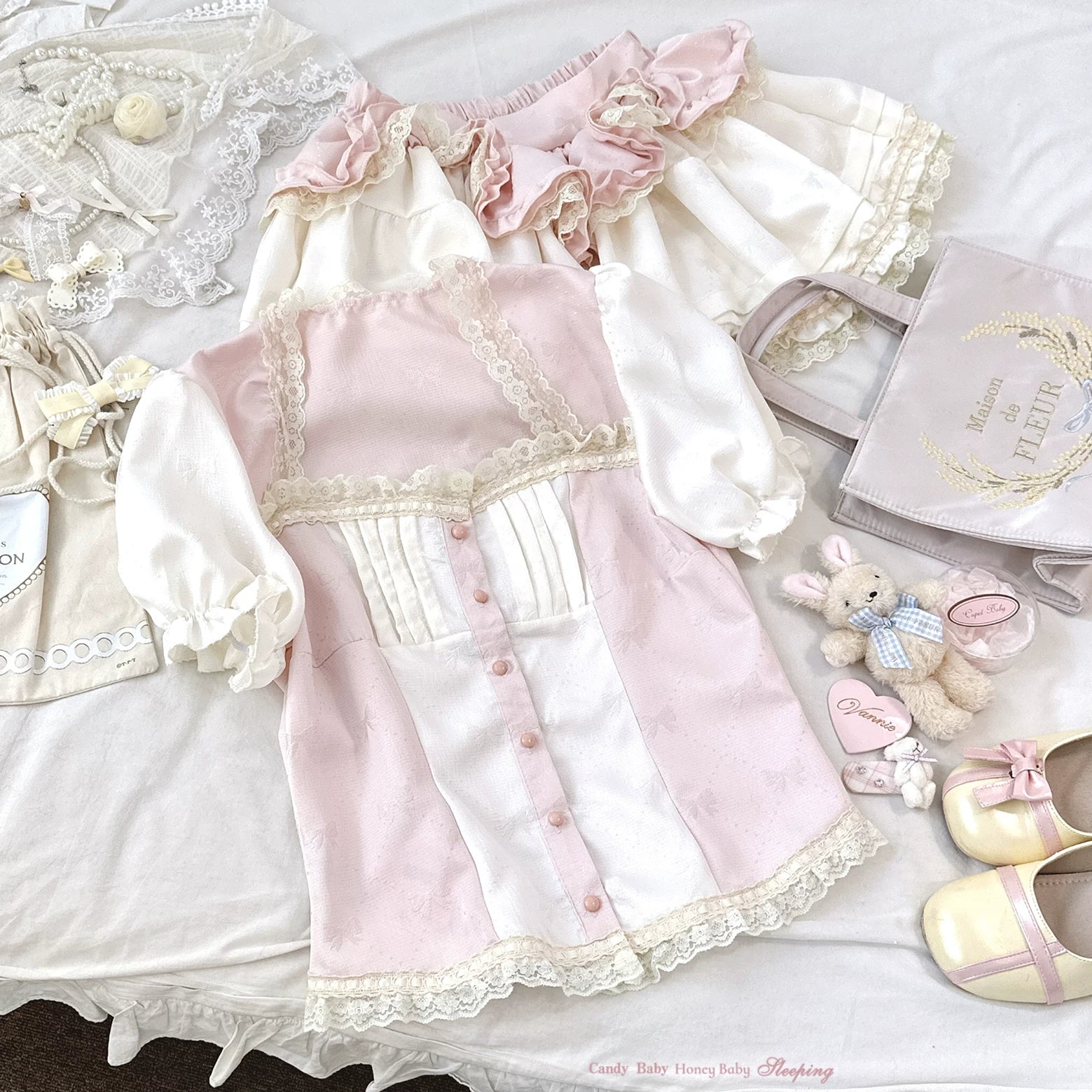 Sleepingdoll Handmade* Magical Girl Jacquard Puff Puff Tulle Lace Dotted Tiered Lace Set