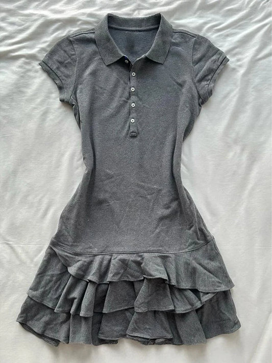 Grey Polo-Neck Short-Sleeve Dress for Women Summer 2026 New French Cake Dress
