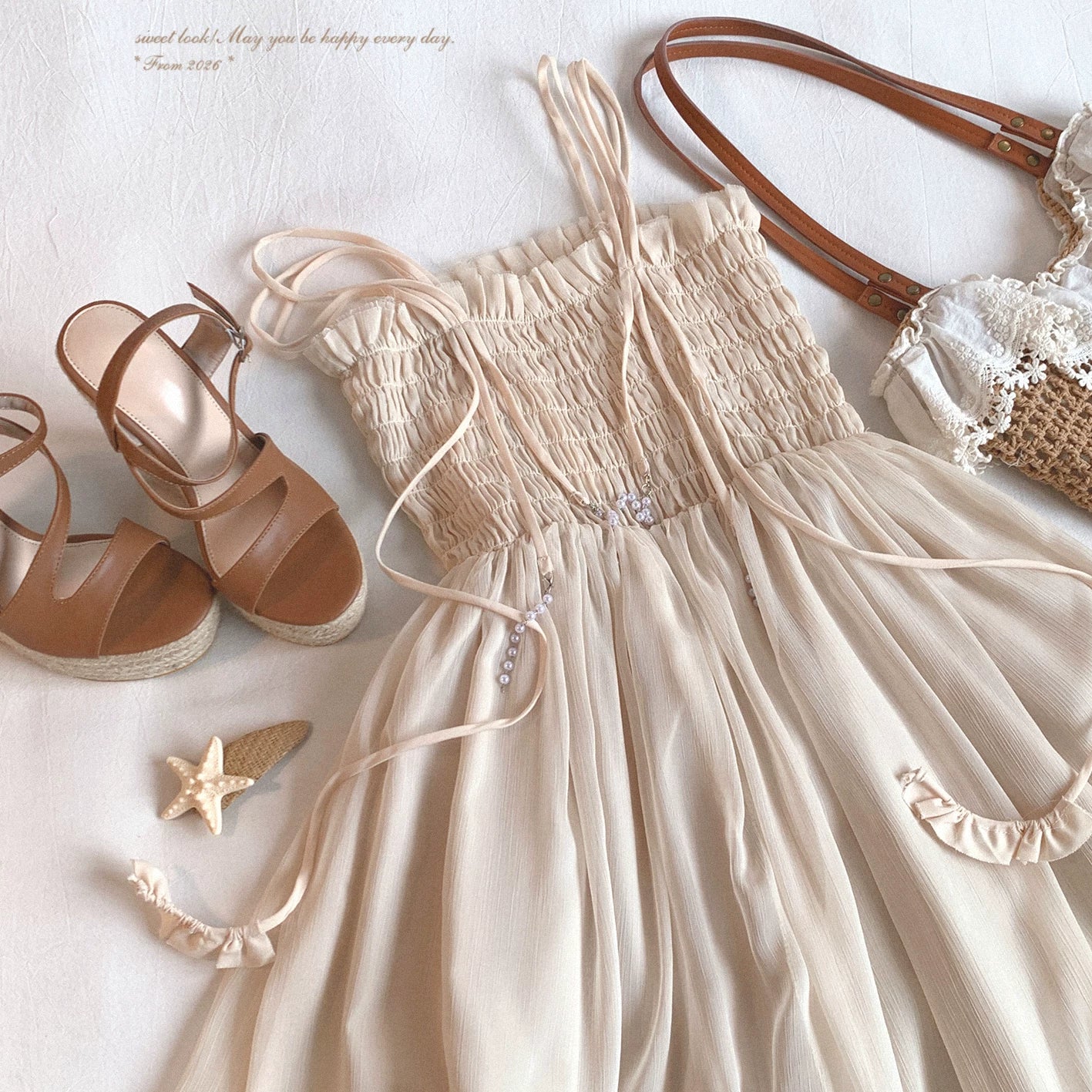 Last Stock yxt* Pearl-Decor Trim Tied Draped Pleated Flowing Chiffon Slip Dress