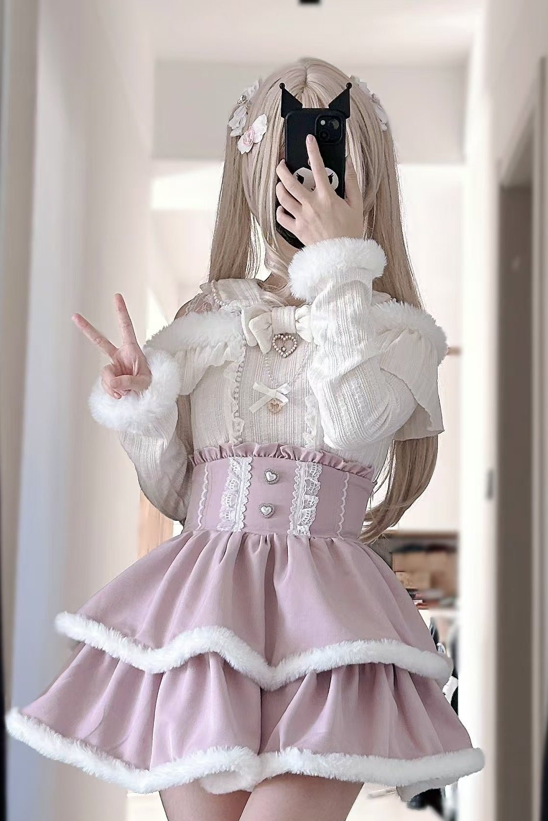 [Pre-order Item] Pearl Lace Ribbon Love Heart Fur Knit Top