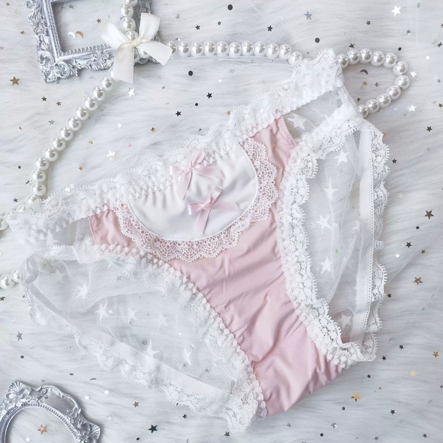Japanese Lolita School Uniform Maid Ice Silk Panties (Dark Low-Rise) with Bow, Lace Lolita-Style Triangle Panties