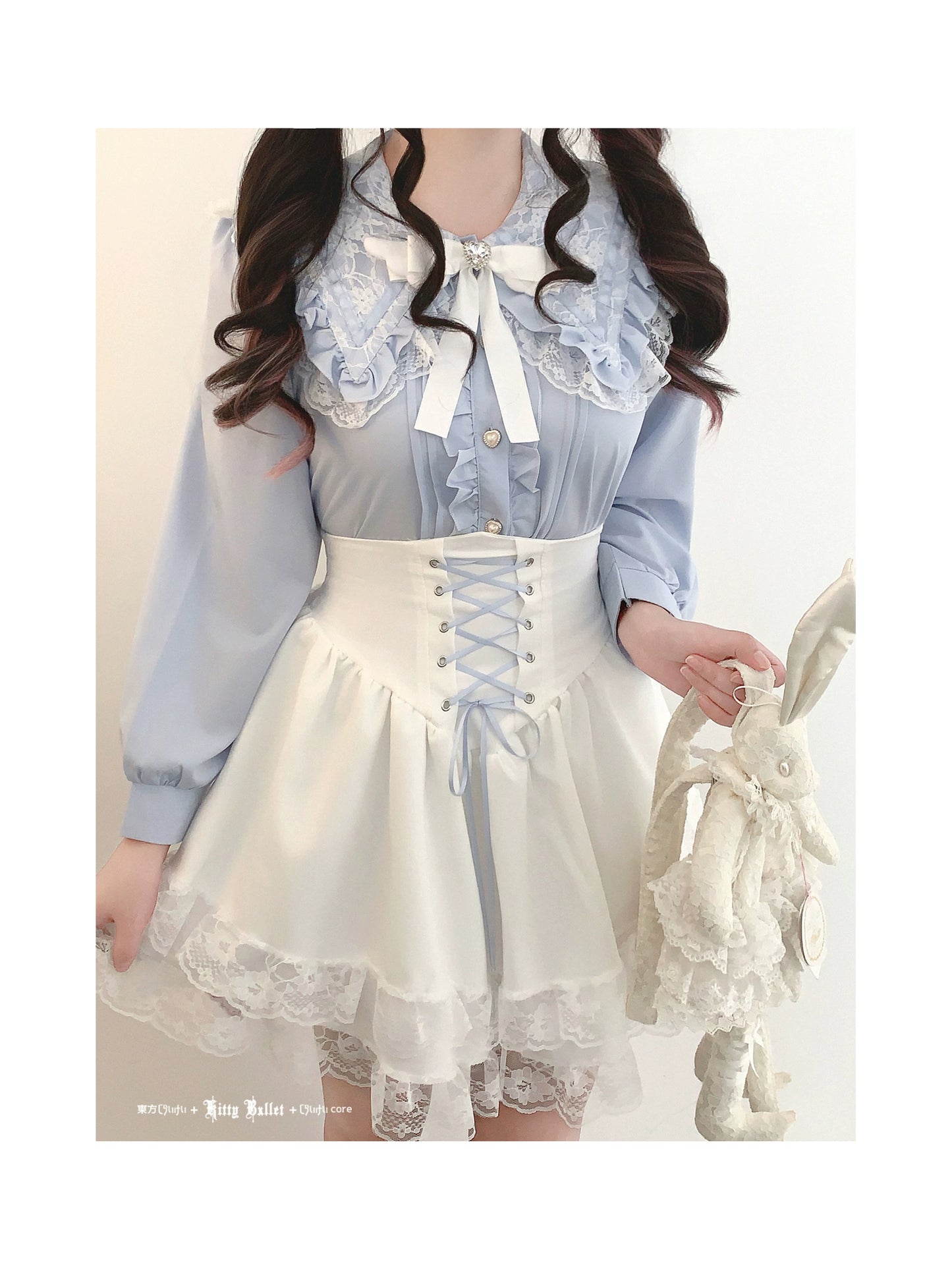 KittyBxllet Original “Lace Revolution” Tie-Strap Off-Shoulder Chiffon Top with Lace Ruffle Hem Long Sleeves
