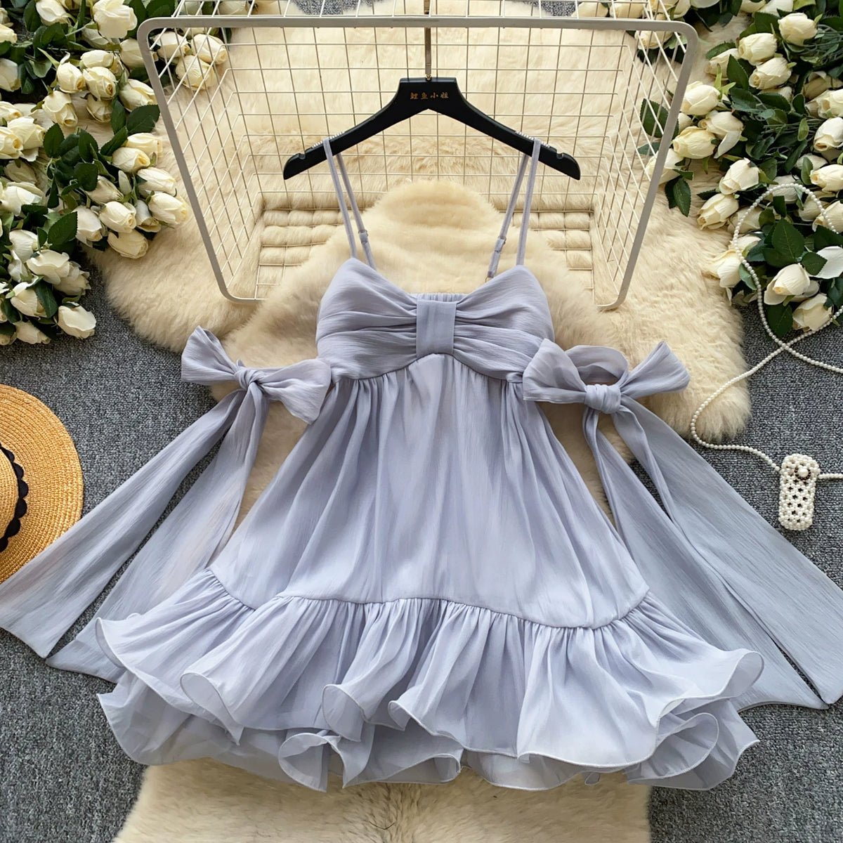 Bow Tie Ruffle Dress | French Girl A-Line Spaghetti Strap Dress for Women