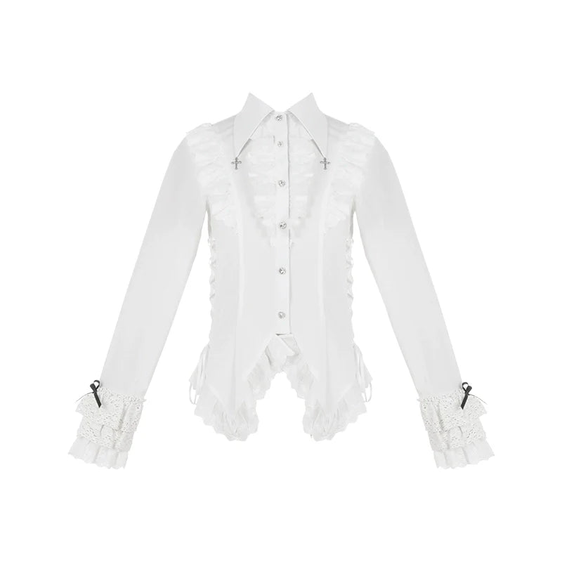 Gothic Lolita Blouse Black White Waist-Tie Shirt