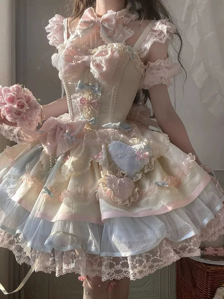 Blue-Pink Cute Ballet-Inspired Little Flower Sweet Lolita Dress With Flowy Princess Cake Skirt Lolita Outfit