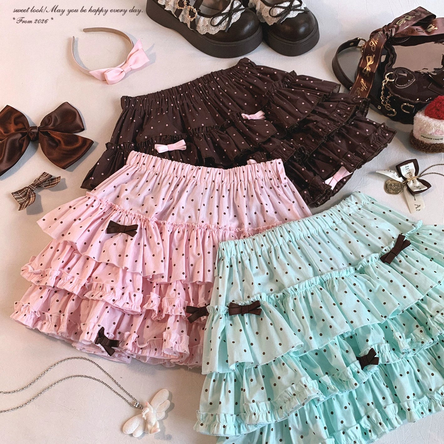 Sleepingdoll Handmade Sweet Vintage Polka Dot Madder Lace-Up Bow Cake Skirt