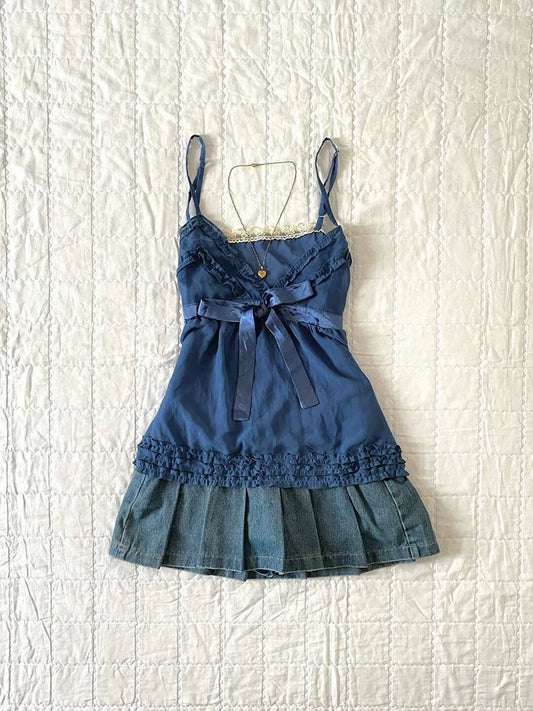 Xiea Handmade Original Korean Sweet Blue Cami Tank Top for Summer, Women’s Chic, Youthful, Age-Reducing Style