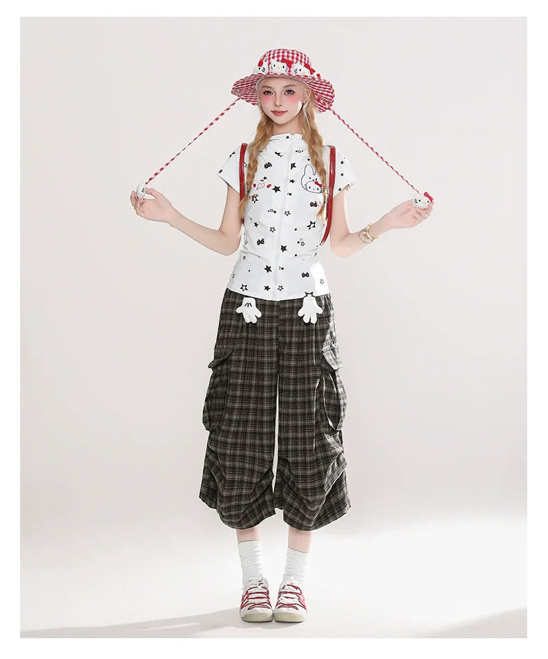 Plaid Culottes with White Bear Patch Detail