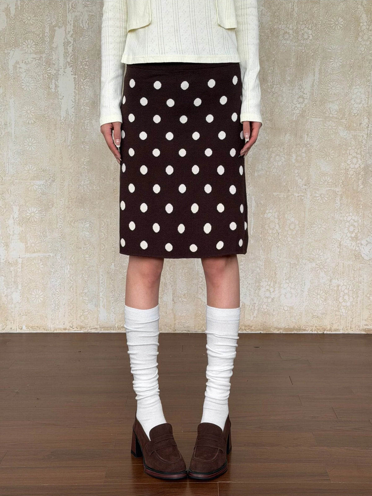 VintageTang French Vintage Polka Dot Knit Skirt, Autumn/Winter Slim-Fit Bodycon Straight Mini Skirt Hao Na 1