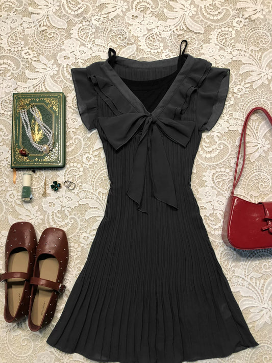 Black Bow Tie Lace-Up Chiffon Dress for Girls by Bao Yao — Vintage Summer Vacation Outfit
