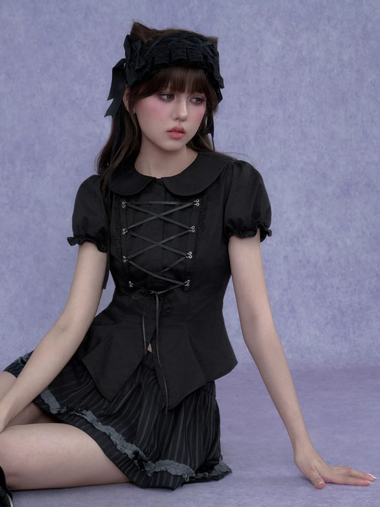 SagiDolls Girls’ Sweet-Hot Dark Princess Style Tie-Up Puff-Sleeve Top Shirt Waist-Defining Slimming Summer